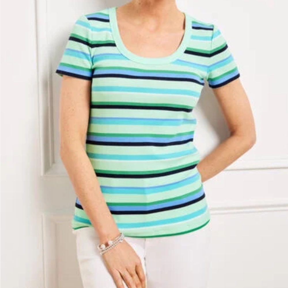 🟣4/$20 NWT Talbots T-Shirt Striped Blue Green L Cotton